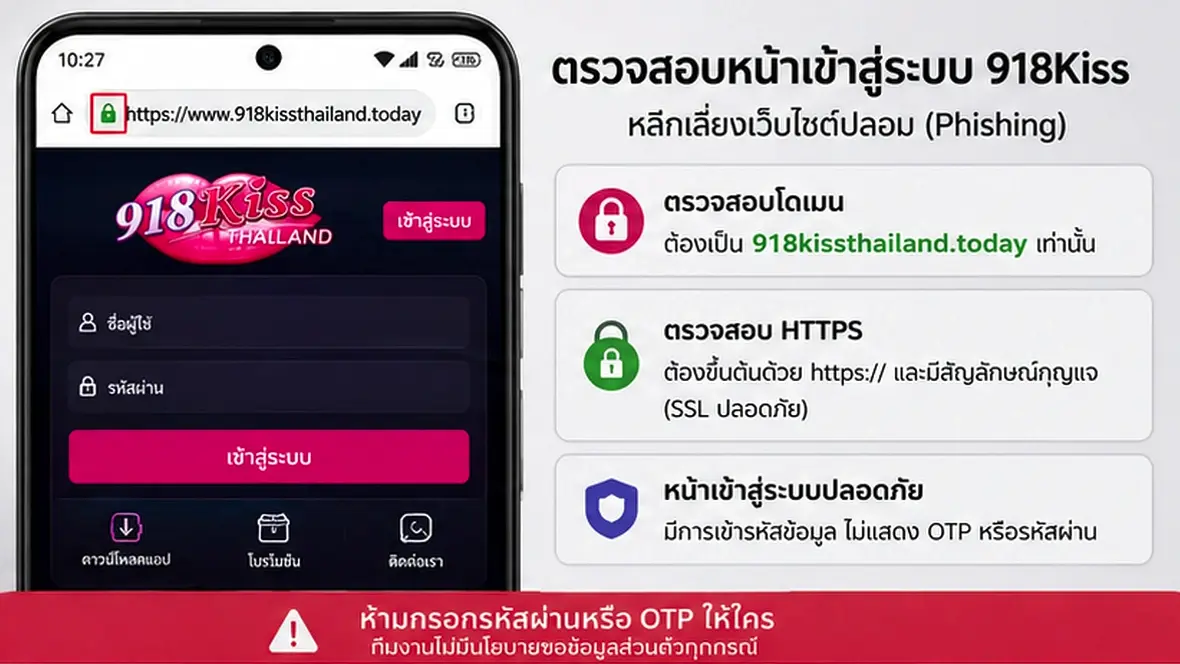 ตัวอย่างตรวจโดเมน HTTPS และหน้าล็อกอิน 918Kiss เพื่อหลีกเลี่ยงเว็บไซต์ฟิชชิง
