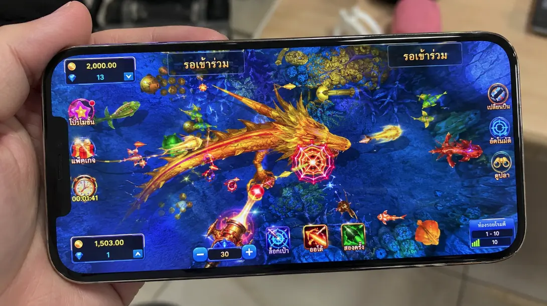 หน้าจอเกม Ocean King ใน 918Kiss แสดงบอส เป้าหมาย อาวุธ และมูลค่ากระสุน